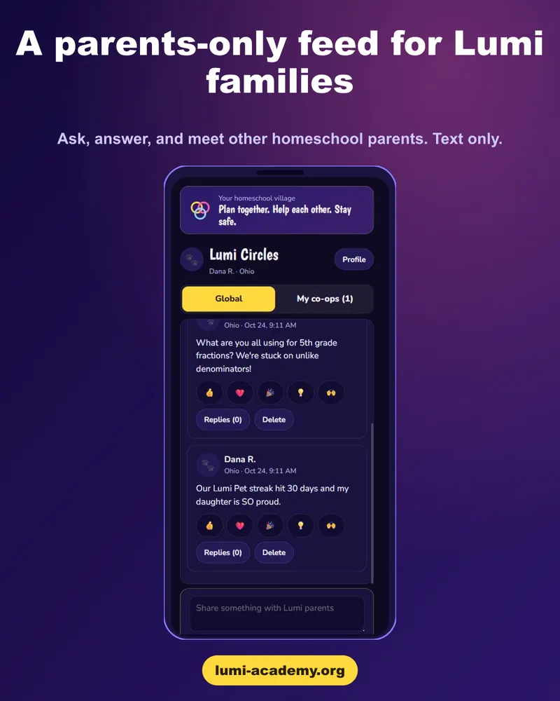 The Lumi Circles parents' feed on a phone, text only, with reactions and replies