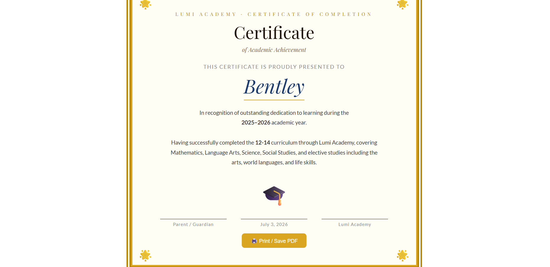 Lumi Academy certificate of academic achievement