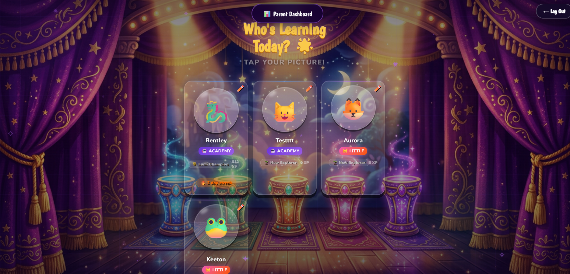 Who's Learning Today — kid profile selector